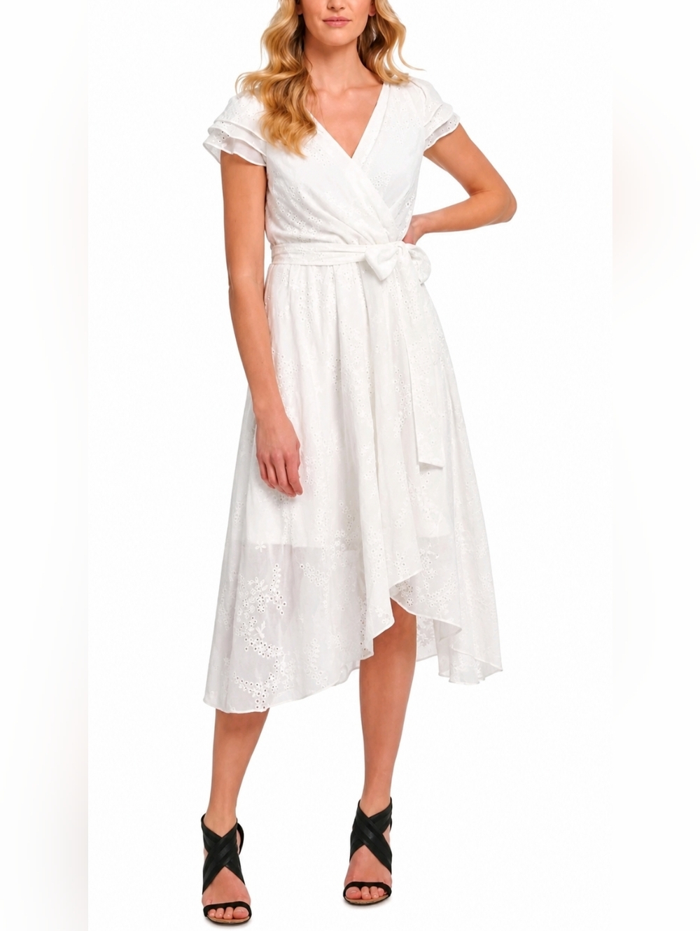 DKNY White Eyelet Wrap Midi Dress Sz 8 Bridal Shower Cottagecore Boho Summer
